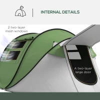 Outsunny Pop Up Tent with Porch and Carry Bag, 3000mm Waterproof, for 2-3 People Camping Hiking, Green(m-7)