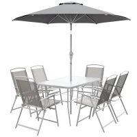 Outsunny 8 Piece Patio Dining Set with Table Umbrella, 6 Folding Chairs and Rectangle Dining Table, Grey(m-2)