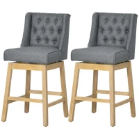 HOMCOM Bar Height Bar Stools Set of 2, 180 Degree Swivel Barstools with Solid Wood Footrests and Button Tufted Design, 30" Seat Height Bar Chairs for Kitchen Island, Gray(m-11)