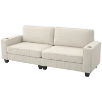HOMCOM Three Seater Sofa, Fabric 3 Seater Couch with Spring Cushion and Cup Holders for Living Room, Bedroom, Cream White(m-2)
