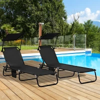 Outsunny Folding Chaise Lounge Pool Lounge Chairs Set of 2, Outdoor Sun Tanning Chairs with Canopy Shade, Reclining Back, Steel Frame and Side Pocket for Beach, Yard, Patio, Black(m-10)
