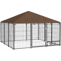 PawHut 6.9' x 6.9' x 5' Outdoor Dog Kennel with Canopy, Rotating Bowls, Coffee(m-12)