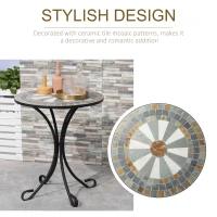 Outsunny Mosaic Patio Table 24 Inch Outdoor Round Side Table Plant Stand for Garden, Yard, Lawn or Indoor, White and Green(m-4)