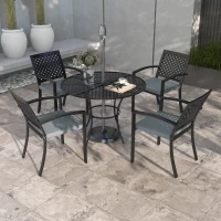 Outsunny 5-Piece Outdoor Dining Set with 4 Stackable Cushioned Armchairs, Patio Furniture Sets with Umbrella Hole Metal Plate Table, for Garden Deck Poolside Lawn Yard, Grey(m-8)