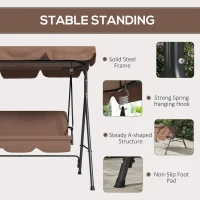 Outsunny Large Family Swing Set, 3-Seat Adjustable Canopy Swing Bench with Cushion, Steel Frame Stand for Patio, Garden, Family Use, Brown(m-6)