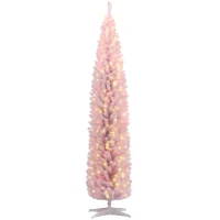 HOMCOM 8ft Pencil Christmas Tree, Slim Artificial Christmas Tree with Realistic Branches and Warm White LED Lights, Pink(m-1)