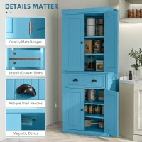 HOMCOM 72" Kitchen Pantry Storage Cabinet, Cupboard w/ 4 Doors and 3 Adjustable Shelves, Large Central Drawer, Dark Blue(m-7)