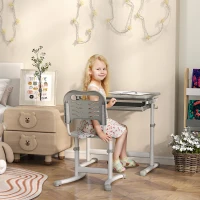 Qaba Height Adjustable Kids Desk and Chairs Set with Tilt Desktop, Storage Drawer, Pen Slot, Hook, Gray(m-2)
