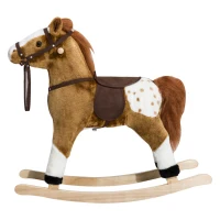 Qaba Kids Plush Toy Rocking Horse Pony Toddler Ride on Animal for Girls Pink Birthday Gifts with Realistic Sounds, Brown(m-12)
