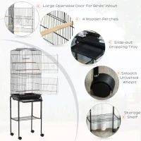 PawHut 62" Rolling Bird Cage Cockatoo House Play Top Finch Pet Supply with Storage Shelf, Wheels - Black(m-5)