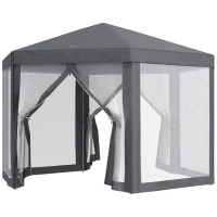 Outsunny Φ13' Hexagon Party Tent Patio Gazebo Outdoor Activity Event Canopy Quick Sun Shelter Pavilion with Netting Mesh Sidewall Dark Grey(m-11)