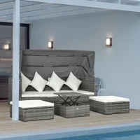 Outsunny 4 Piece Adjustable Canopy Outdoor Rattan Sofa Set w/ Height Adjustable Coffee Table & Cushions, Cream White(m-2)