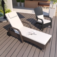 Outsunny Wicker Chaise Lounge, Outdoor Lounge Chair, PE Rattan Patio Sun lounger with Head-rest, 5-Level Height Adjust Backrest, Cushion & Wheels, Mixed Brown and Cream White