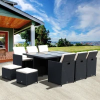 Outsunny 11 Pieces Wicker Patio Dining Set Outdoor Furniture Set with Removable Cushions, Glass Top Dining Table, PE Rattan Conversation Set for Garden Poolside Backyard, Black(m-1)