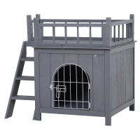 PawHut 2-Level Wooden Cat House, Outdoor Dog Shelter Cat Condo with Lockable Wire Door and Balcony, Gray(m-1)