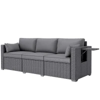 Outsunny 3 Seater Wicker Patio Sofa with Side Trays, Outdoor Couch with 6" Thick Back Cushions, Deep Seating, Grey(m-2)