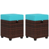 Outsunny 2 PCS Patio Wicker Ottoman Set, Square Outdoor PE Rattan Footrest with Removable Cushion for Backyard, Sky Blue(m-11)