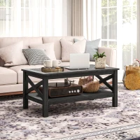 HOMCOM Coffee Table with Tempered Glass Tabletop, Living Room Table with Wood Frame and Underneath Storage Shelf, Black(m-10)