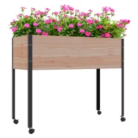 Outsunny Wooden Elevated Planter Box, Raised Garden Bed with Wheels, Metal Legs, Drainage Holes and Bed Liner(m-11)