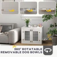 PawHut Dog Crate Furniture with 360° Rotatable Removable Dog Bowls, Dog Kennel Furniture for Medium Dogs, White(m-4)
