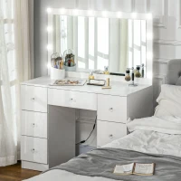HOMCOM Makeup Vanity Table, Dressing Table with Mirror and Lights, Modern Makeup Table with 7 Drawers and 10 LED Lights, White(m-8)
