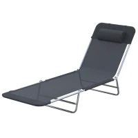Outsunny Outdoor Lounge Chair, Portable Adjustable Reclining Seat Folding Chaise Lounge Patio Camping Beach Tanning Chair Bed with Pillow, Black(m-11)