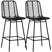 HOMCOM Set of 2 Rattan Barstools Wicker Counter Stools with Steel Legs and Footrest for Dining Room Kitchen Pub Black(m-11)