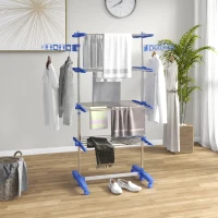 HOMCOM Garment Drying Rack Stainless Steel Folding Clothes Hanging Rack with Side Wings Castors for Indoor Outdoor Blue(m-1)