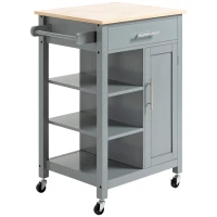 HOMCOM Kitchen Island Cart, Rolling Kitchen Island with Storage Shelf, Solid Wood Top, Drawer, for Dining Room, Gray(m-11)