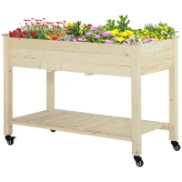 Outsunny Mobile Raised Garden Bed Elevated Wood Planter Box w/ Lockable Wheels, Storage Shelf  for Herbs Vegetables, Natural(m-11)