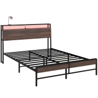 HOMCOM Queen Size Bed Frame with LED Lights and Charging Station, Queen Bed Frame with Storage Headboard, Noise-Free, Walnut(m-11)