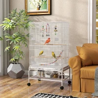 PawHut 43" Bird Cage with Rolling Stand, Toys, for Budgies Canaries White(m-8)