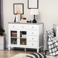 HOMCOM Modern Sideboard Buffet Cabinet with 5 Storage Drawers and Double Glass Door Cupboard for Living Room White(m-10)
