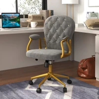Vinsetto Velvet Office Desk Chair Button Tufted Vanity Chair with Swivel Wheels, Adjustable Height and Tilt Function, Grey(m-1)