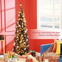 HOMCOM 6ft Pencil Christmas Tree, Slim Artificial Christmas Tree with Realistic Branches and Warm White LED Lights, Black(m-4)