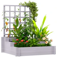 Outsunny Wooden Elevated Planter Box with Trellis for Climbing Plants, 3 Tier Raised Garden Bed for Garden, Outdoor, Grey(m-11)