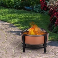 Outsunny Copper-Colored Outdoor Fire Pit Portable Round Firepit Bowl with Spark Screen Cover, Poker and Organic Black Base for Backyard Bonfire(m-1)