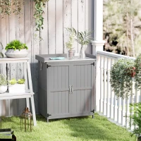 Outsunny Outdoor Storage Cabinet, Garden Tool Shed with Metal Tabletop and Shelf, Wooden Potting Bench with 2 Doors, Gray(m-2)
