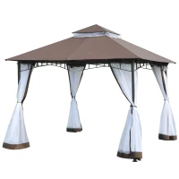 Outsunny 10' x 10' Double Tier Garden Gazebo Canopy Outdoor Sunshade Tent Anti-UV Roof with Metal Frame, Coffee(m-2)