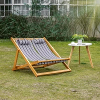 Outsunny 2-Person Sling Chair, Reclining Double Lounger for Patio, Beach, Camping, Lawn, Wood Folding Chair with Recliner Design for 2 Adults, White & Gray Stripes(m-8)