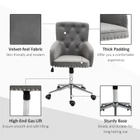 HOMCOM Modern Mid-back Desk Chair with Button Tufted Velvet Back, Nailhead Trim, Swivel Home Office Chair with Adjustable Height, Curved Padded Armrests, Gray(m-8)