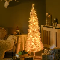 HOMCOM 5ft Pencil Christmas Tree, Slim Artificial Christmas Tree with Realistic Branches and Warm White LED Lights, Pink(m-10)