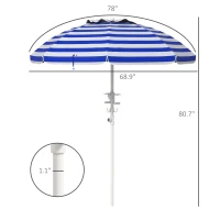 Outsunny 5.7' Beach Umbrella for Travel with Tilt, Adjustable Height, 2 Cup Holders, Hooks, Vent, Ruffles, Blue Stripe(m-3)
