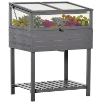 Outsunny Raised Garden Bed with Cold Frame Greenhouse, Grow Grids and Storage Shelf, Outdoor 2 Tiers Elevated Wood Planter Box for Herbs and Vegetables, Use for Patio, Backyard, Balcony(m-2)