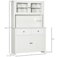 HOMCOM 63.5" Kitchen Buffet with Hutch, Pantry Storage Cabinet with 4 Shelves, Drawers, Framed Glass Doors, Open Microwave Countertop, Antique White(m-3)