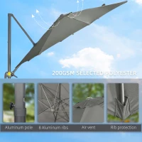 Outsunny 9.6' Cantilever Patio Umbrella Outdoor Hanging Offset Umbrella, Cross Base, 360° Rotation Aluminum Poles, Grey(m-7)