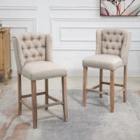 HOMCOM Counter Height Bar Stools Set of 2, 27" Seat Height Upholstered Barstools, Farmhouse Kitchen Island Stools with Nailhead-Trim, Tufted Back and Wooden Legs, Beige(m-10)