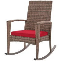Outsunny Outdoor PE Rattan Rocking Chair, Garden Glider Rocking Chair, Wicker Patio Chair Set with Armrest and Cushion, Wine Red(m-2)