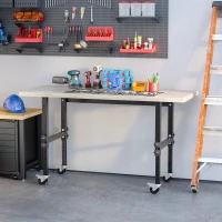 HOMCOM 59" Work Bench with Height Adjustable Legs, Bamboo Tabletop Workstation Tool Table on Wheels for Garage, Weight Capacity 1320 Lbs, Black/Natural(m-10)