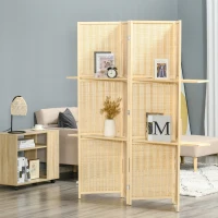 HOMCOM 4-Panel Folding Room Divider, 6 Ft Freestanding Bamboo Privacy Screen Panel with Storage Shelves for Bedroom or Office, Natural Wood Color(m-2)